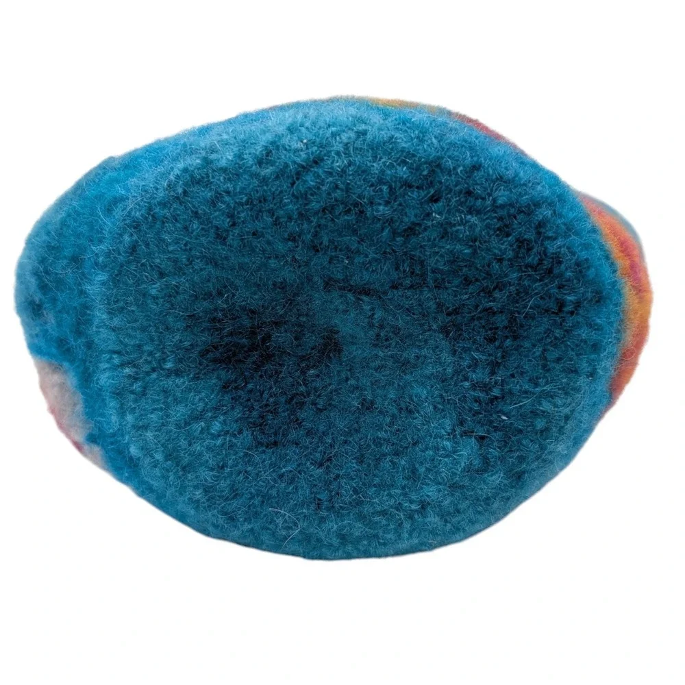 Vintage Handmade Felted Basket Crocheted Turquoise Round Granny Square Wool